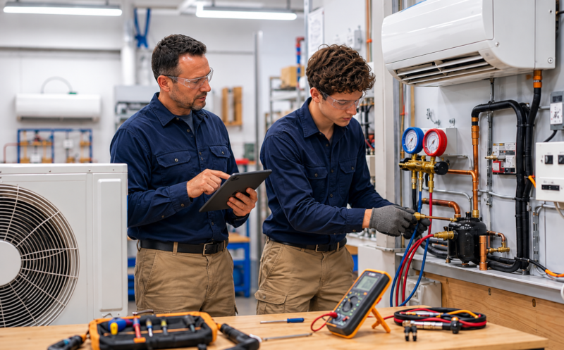 Experienced engineer guiding an apprentice on HVAC refrigeration equipment